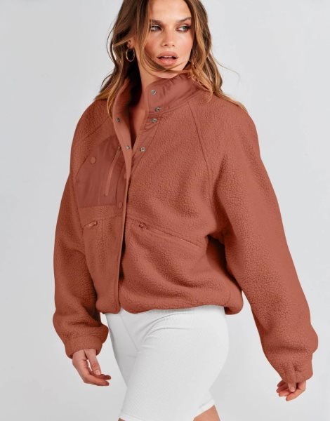 Womens Fleece Jacket Button Down Shacket Casual Sherpa Cropped Coats Warm Outwear with Pockets