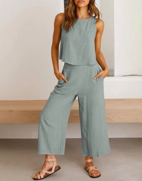 Sleeveless Tank Crop Button Back Top Cropped Pants Set With Pockets