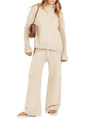 Women's Two Piece Outfits Sweater Sets Long Sleeve Knit Pullover and Wide Leg Pants Lounge Sets