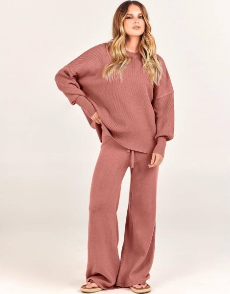 Women 2 Piece Outfits Sweatsuit Oversized Sweater Set & Wide Leg Pants Fall Chunky Lounge Set