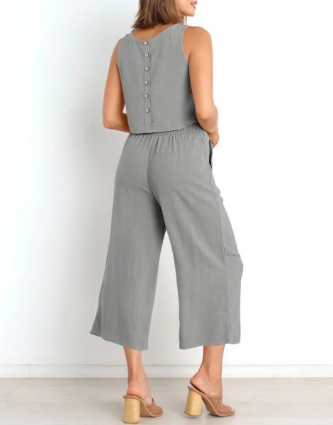 Sleeveless Tank Crop Button Back Top Cropped Pants Set With Pockets