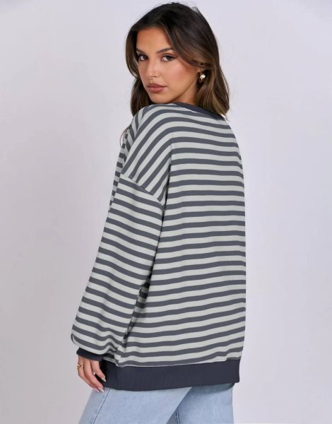 Women Striped Oversized Sweatshirt Long Sleeve Crewneck Shirts 2024 Fall Fashion Pullover Sweater Trendy Clothes