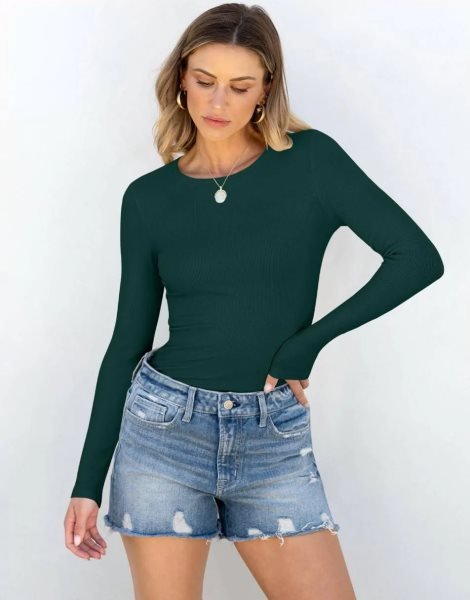 Women Long Sleeve Crewneck Rib Knit Slim Fit Shirts Basic Tee Tops 2024 Casual T-Shirt Going Out Workout Outfits