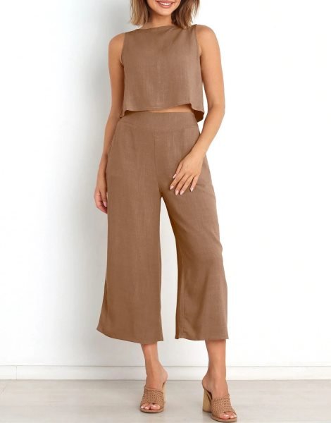 Sleeveless Tank Crop Button Back Top Cropped Pants Set With Pockets