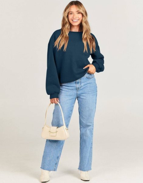Women's Long Sleeve Sweatshirt Casual Crewneck Loose Fit Pullover Hoodie Fleece Fall Tops