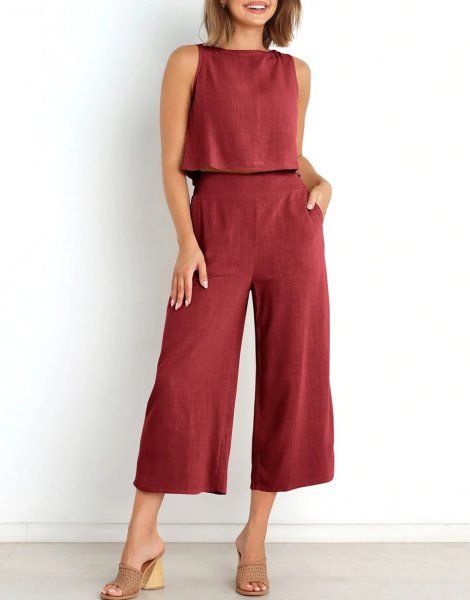Sleeveless Tank Crop Button Back Top Cropped Pants Set With Pockets