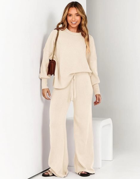 Women 2 Piece Outfits Sweatsuit Oversized Sweater Set & Wide Leg Pants Fall Chunky Lounge Set