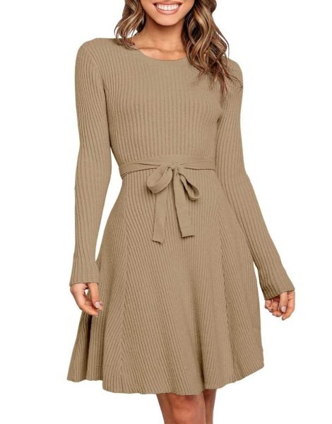 Women's Crewneck Long Sleeve Tie Waist A-Line Swing Bodycon Short Dress Casual Solid Ribbed Knit Sweater Dress