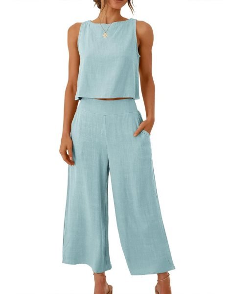 Sleeveless Tank Crop Button Back Top Cropped Pants Set With Pockets