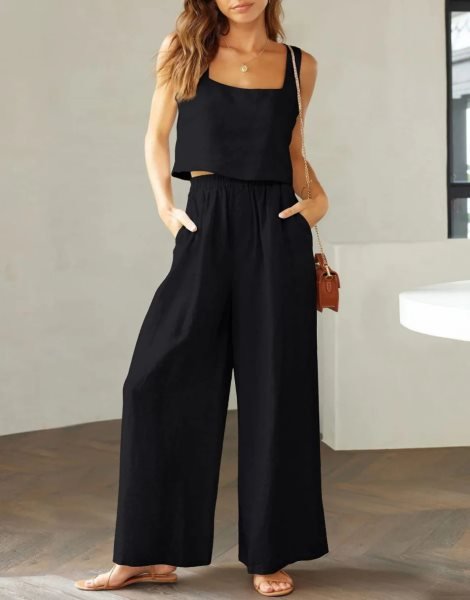 2 Piece Outfits Square Neck Sleeveless Tank Crop Top & Wide Leg Pants Lounge Set