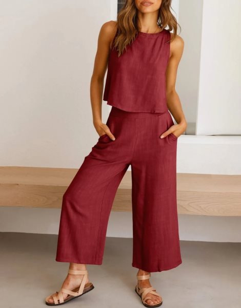 Sleeveless Tank Crop Button Back Top Cropped Pants Set With Pockets