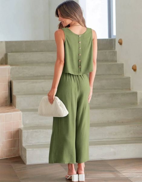Sleeveless Tank Crop Button Back Top Cropped Pants Set With Pockets