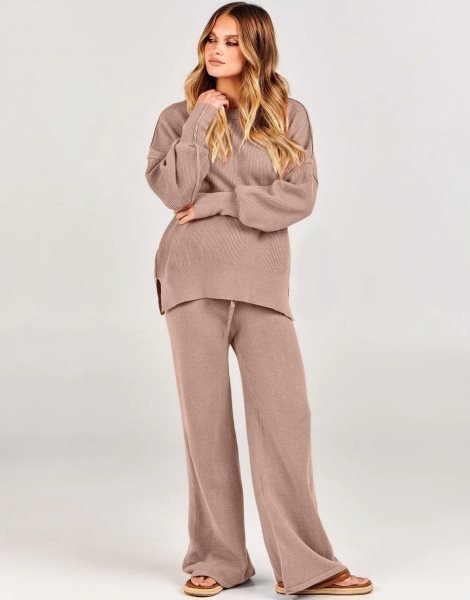 Women 2 Piece Outfits Sweatsuit Oversized Sweater Set & Wide Leg Pants Fall Chunky Lounge Set