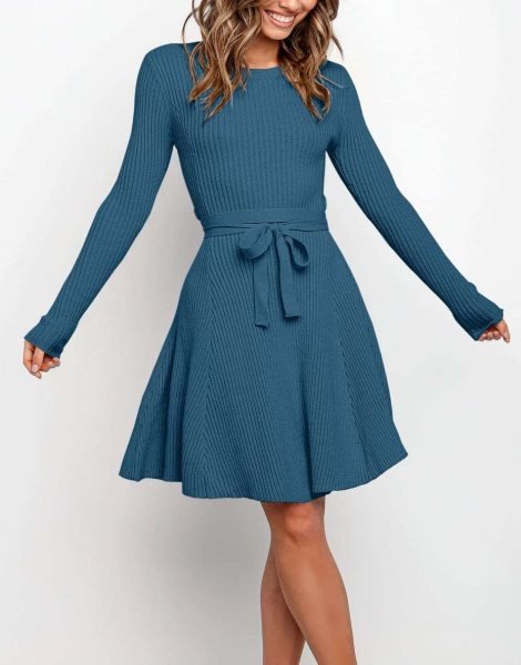 Women's Crewneck Long Sleeve Tie Waist A-Line Swing Bodycon Short Dress Casual Solid Ribbed Knit Sweater Dress