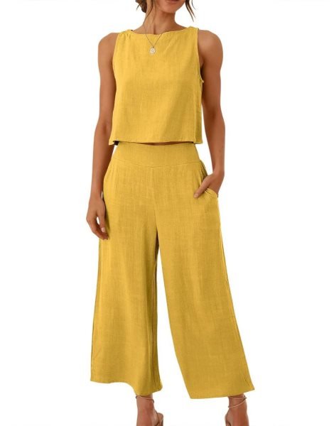 Sleeveless Tank Crop Button Back Top Cropped Pants Set With Pockets