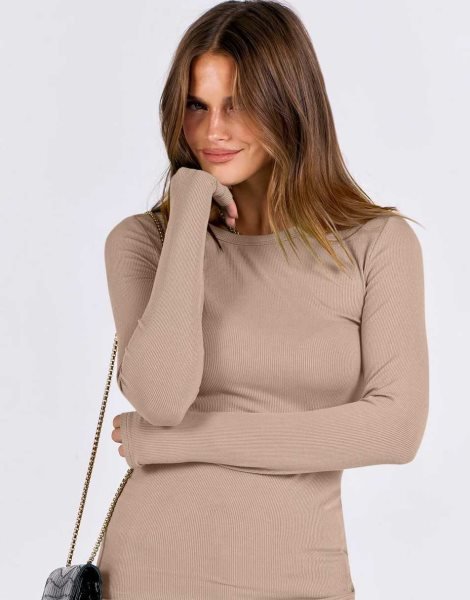 Women Long Sleeve Crewneck Rib Knit Slim Fit Shirts Basic Tee Tops 2024 Casual T-Shirt Going Out Workout Outfits