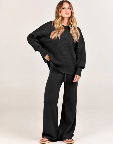 Women 2 Piece Outfits Sweatsuit Oversized Sweater Set & Wide Leg Pants Fall Chunky Lounge Set