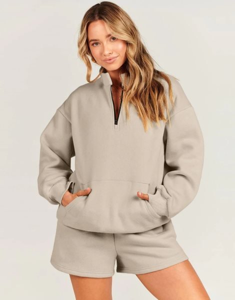 Sweatsuit Oversized Half Zip Collared Sweatshirt & Short Lounge Wear Tacksuit Set