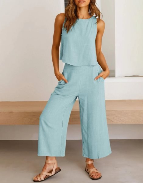 Sleeveless Tank Crop Button Back Top Cropped Pants Set With Pockets