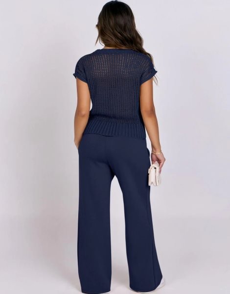 Women Two Piece Outfits Crochet Sheer Knit Sweater Top Wide Leg Pants Lounge Matching Sets Sweatsuit Travel Clothes