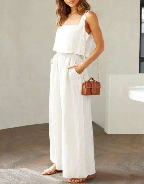 2 Piece Outfits Square Neck Sleeveless Tank Crop Top & Wide Leg Pants Lounge Set