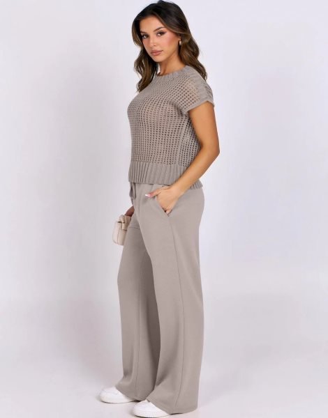 Women Two Piece Outfits Crochet Sheer Knit Sweater Top Wide Leg Pants Lounge Matching Sets Sweatsuit Travel Clothes