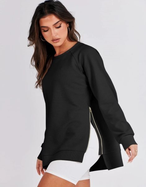 Women's Sweatshirts Long Sleeve Tunic Tops Crew Neck Soft Pullover With Side Zipper Shirt Clothes 2023