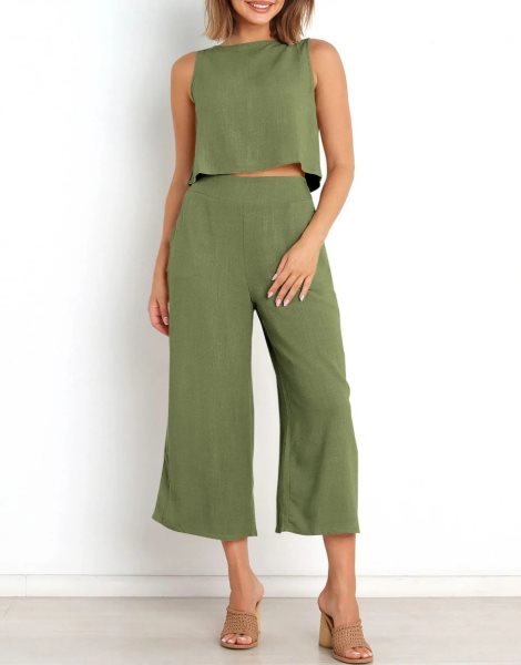Sleeveless Tank Crop Button Back Top Cropped Pants Set With Pockets