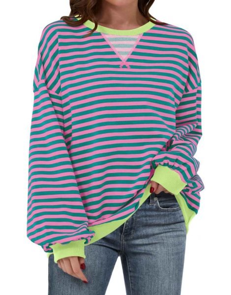 Women Striped Oversized Sweatshirt Long Sleeve Crewneck Shirts 2024 Fall Fashion Pullover Sweater Trendy Clothes