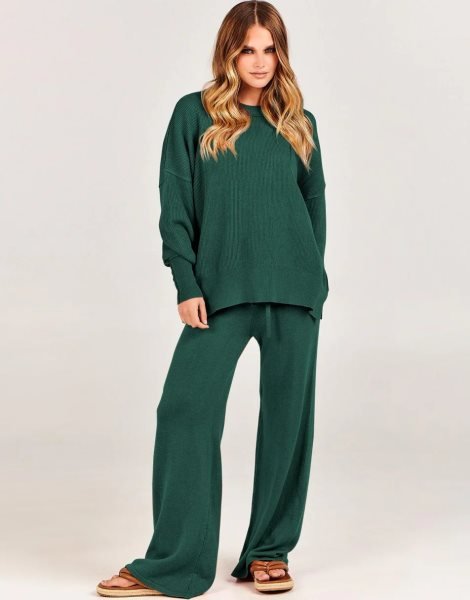 Women 2 Piece Outfits Sweatsuit Oversized Sweater Set & Wide Leg Pants Fall Chunky Lounge Set