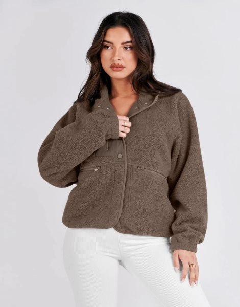 Womens Fleece Jacket Button Down Shacket Casual Sherpa Cropped Coats Warm Outwear with Pockets