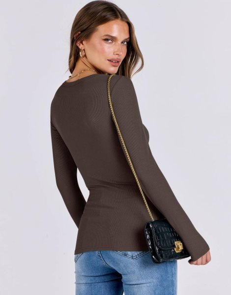 Women Long Sleeve Crewneck Rib Knit Slim Fit Shirts Basic Tee Tops 2024 Casual T-Shirt Going Out Workout Outfits