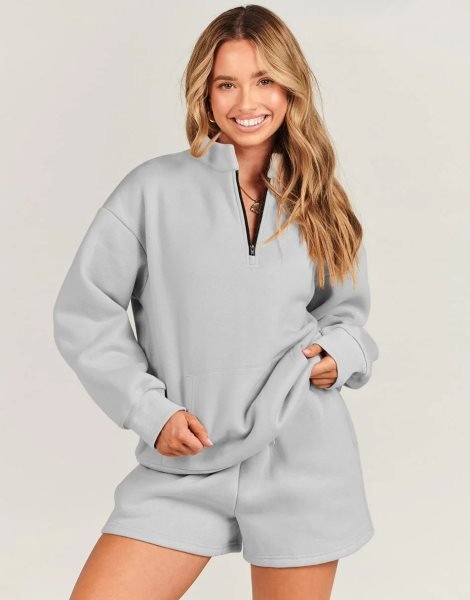 Sweatsuit Oversized Half Zip Collared Sweatshirt & Short Lounge Wear Tacksuit Set