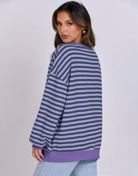 Women Striped Oversized Sweatshirt Long Sleeve Crewneck Shirts 2024 Fall Fashion Pullover Sweater Trendy Clothes