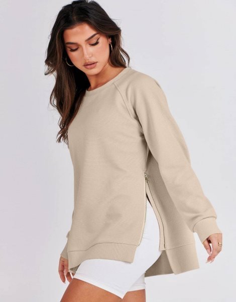 Women's Sweatshirts Long Sleeve Tunic Tops Crew Neck Soft Pullover With Side Zipper Shirt Clothes 2023