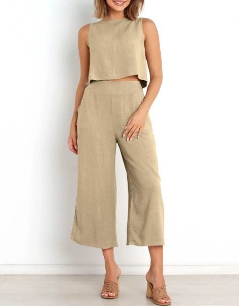 Sleeveless Tank Crop Button Back Top Cropped Pants Set With Pockets