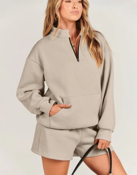 Sweatsuit Oversized Half Zip Collared Sweatshirt & Short Lounge Wear Tacksuit Set