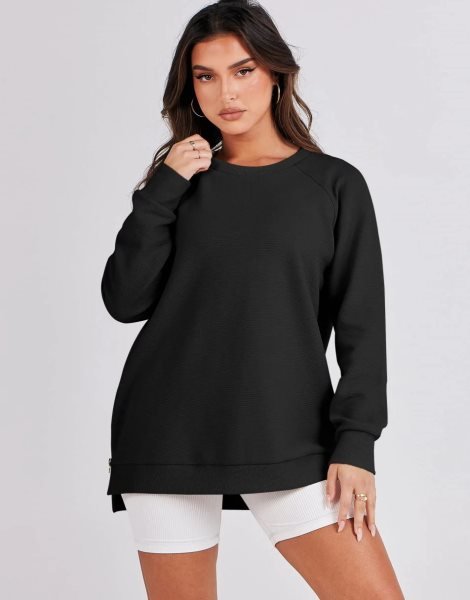 Women's Sweatshirts Long Sleeve Tunic Tops Crew Neck Soft Pullover With Side Zipper Shirt Clothes 2023