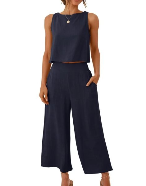 Sleeveless Tank Crop Button Back Top Cropped Pants Set With Pockets