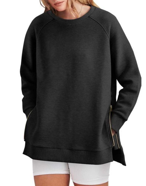 Women's Sweatshirts Long Sleeve Tunic Tops Crew Neck Soft Pullover With Side Zipper Shirt Clothes 2023
