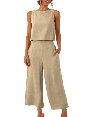 Sleeveless Tank Crop Button Back Top Cropped Pants Set With Pockets