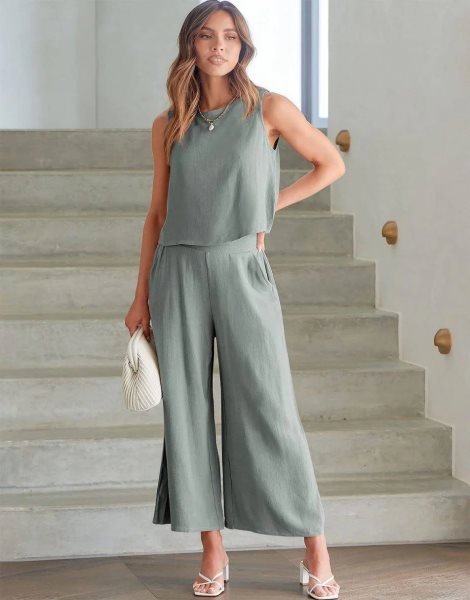 Sleeveless Tank Crop Button Back Top Cropped Pants Set With Pockets