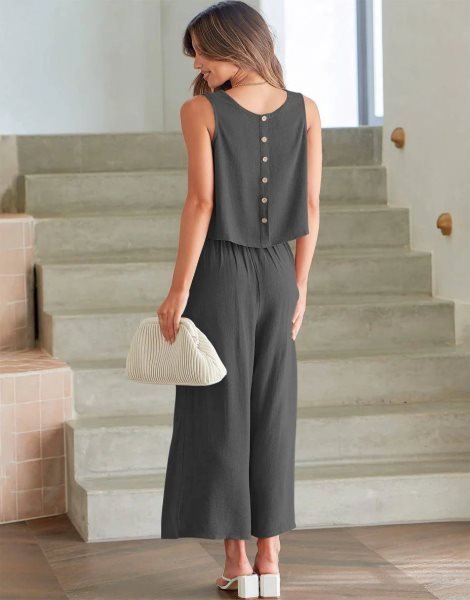 Sleeveless Tank Crop Button Back Top Cropped Pants Set With Pockets