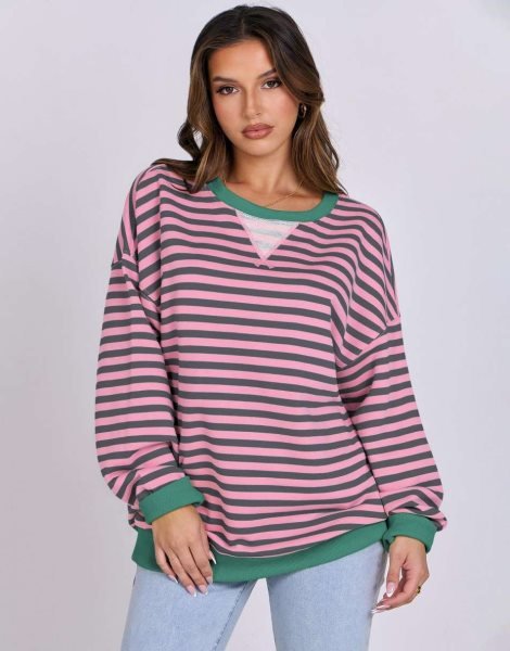 Women Striped Oversized Sweatshirt Long Sleeve Crewneck Shirts 2024 Fall Fashion Pullover Sweater Trendy Clothes