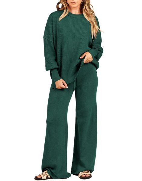 Women 2 Piece Outfits Sweatsuit Oversized Sweater Set & Wide Leg Pants Fall Chunky Lounge Set