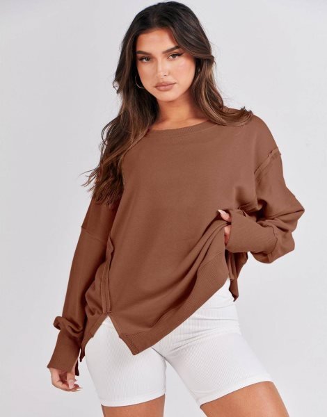 Women's Oversized Sweatshirt Crew Neck Long Sleeve Casual Slit Sloucthy Pullover Top Fall Clothes