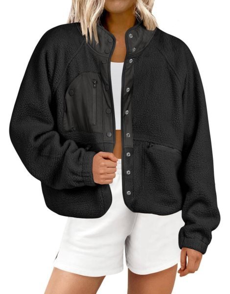 Womens Fleece Jacket Button Down Shacket Casual Sherpa Cropped Coats Warm Outwear with Pockets