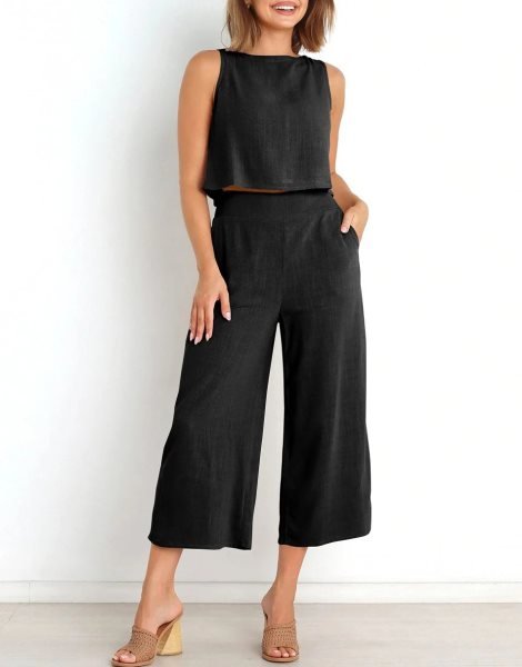 Sleeveless Tank Crop Button Back Top Cropped Pants Set With Pockets