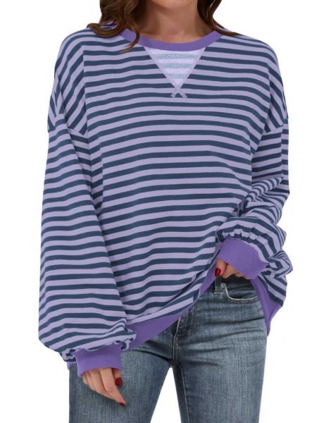 Women Striped Oversized Sweatshirt Long Sleeve Crewneck Shirts 2024 Fall Fashion Pullover Sweater Trendy Clothes
