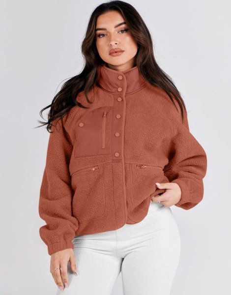 Womens Fleece Jacket Button Down Shacket Casual Sherpa Cropped Coats Warm Outwear with Pockets